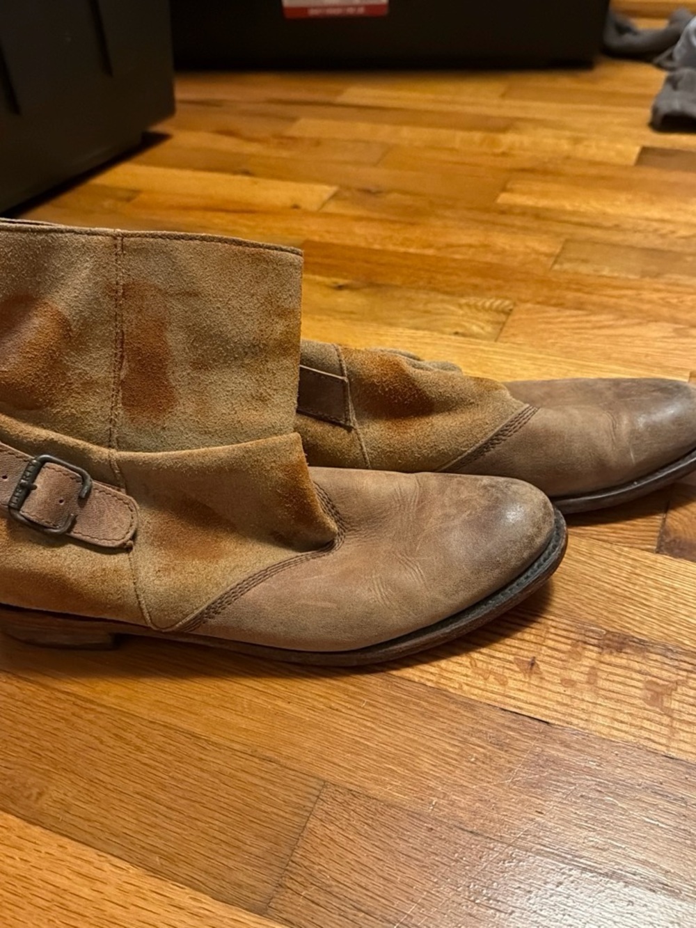 Women's Tan Suede Leather Ankle Booties with Buckle Detail